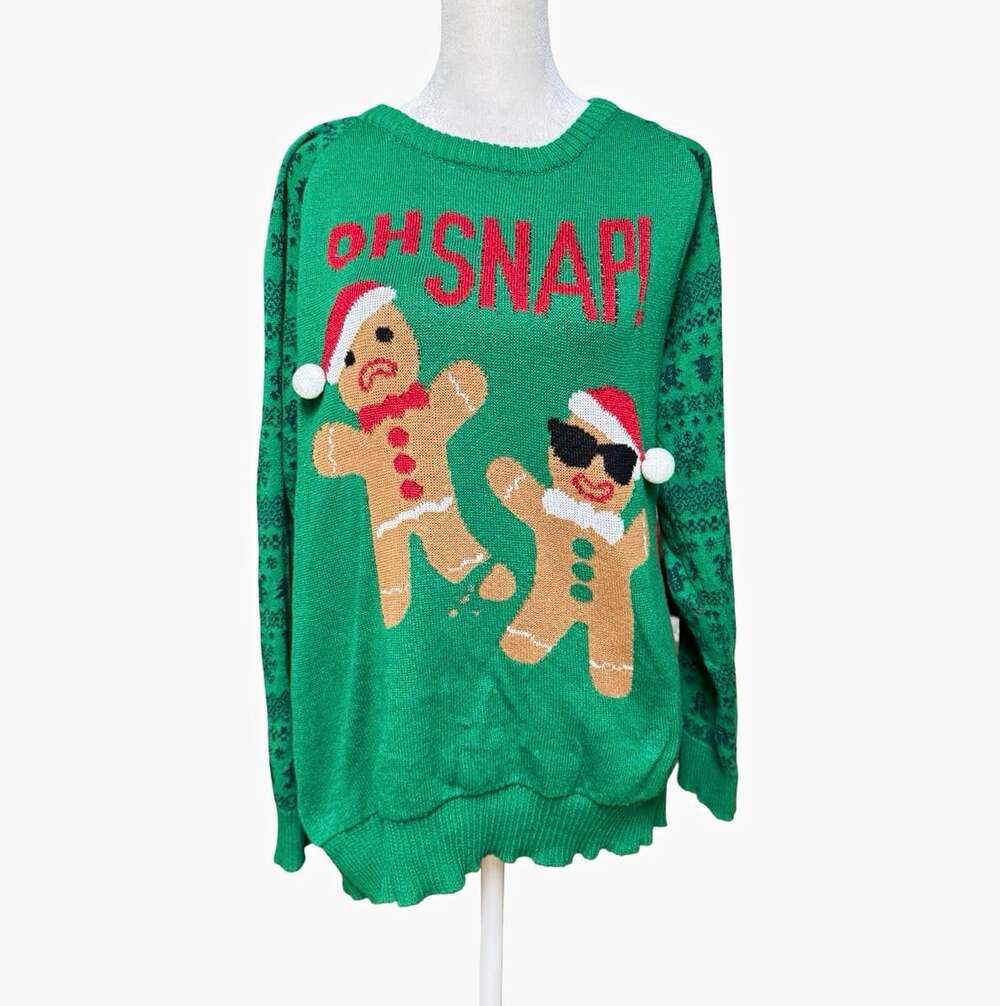 Ugly Christmas Sweater Women XL Oh Snap Gingerbread Holiday Green Novelty